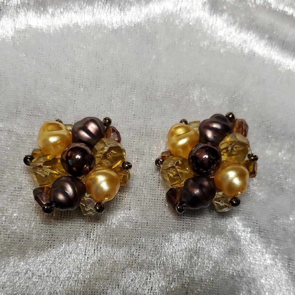 Vintage Germany Signes Clip On Earrings lucite Bead Cluster Earth & Gold Tones